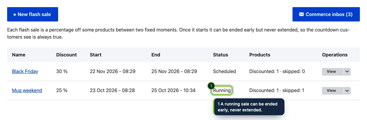 Commerce › Flash sales: every sale with its dates, status and products.