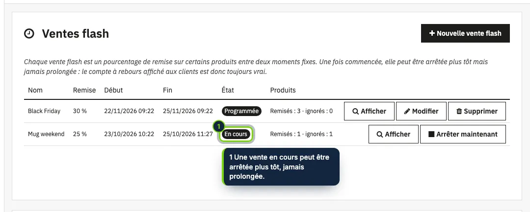 La page du module : chaque vente flash avec ses dates, son état et ses produits.
