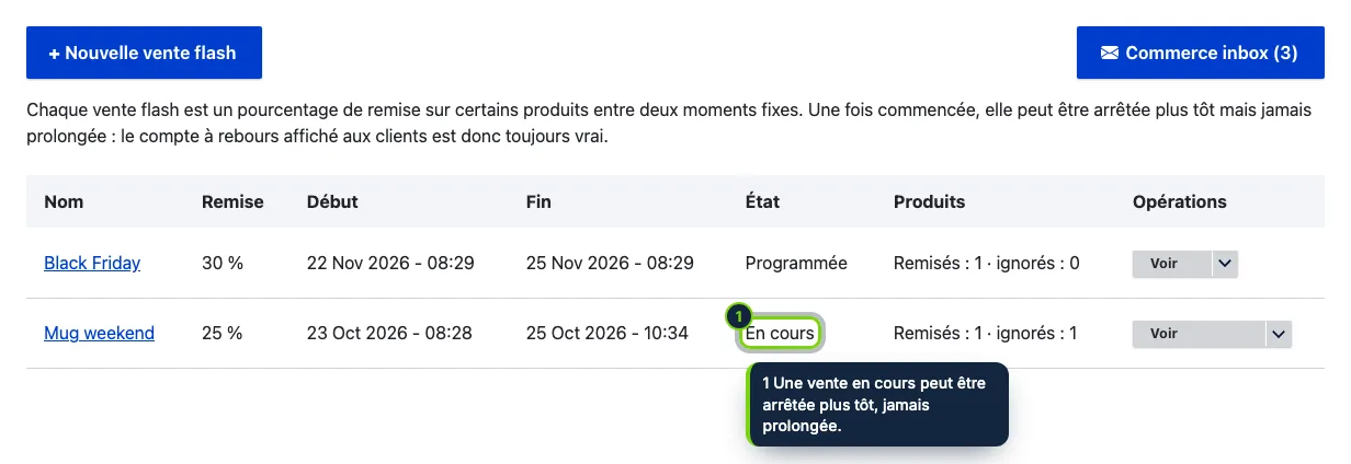 Commerce › Ventes flash : chaque vente avec ses dates, son état et ses produits.