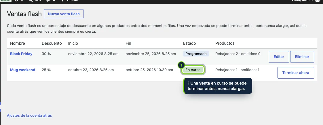 Marketing › Ventas flash: cada venta con sus fechas, estado y productos.