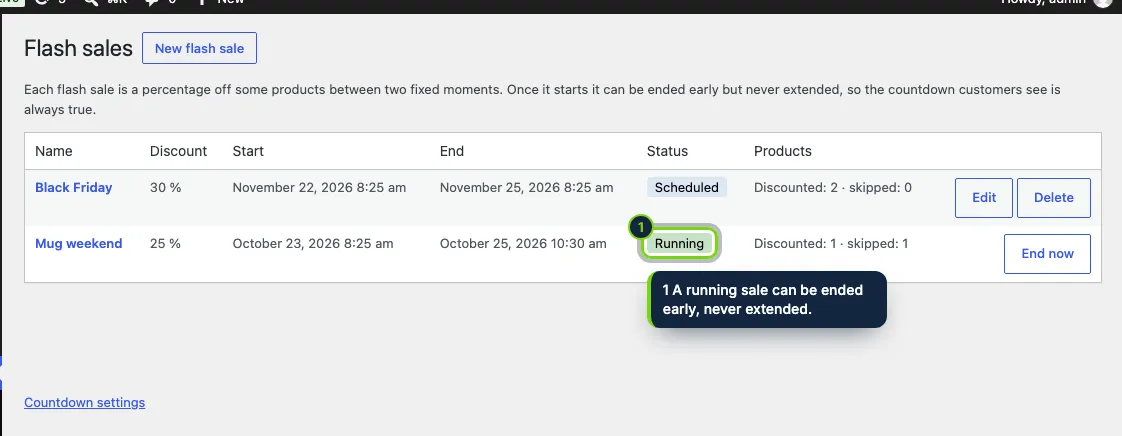 Marketing › Flash sales: every sale with its dates, status and products.