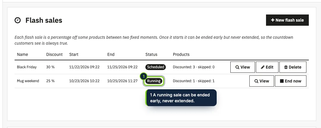 The module page: every flash sale with its dates, status and products.