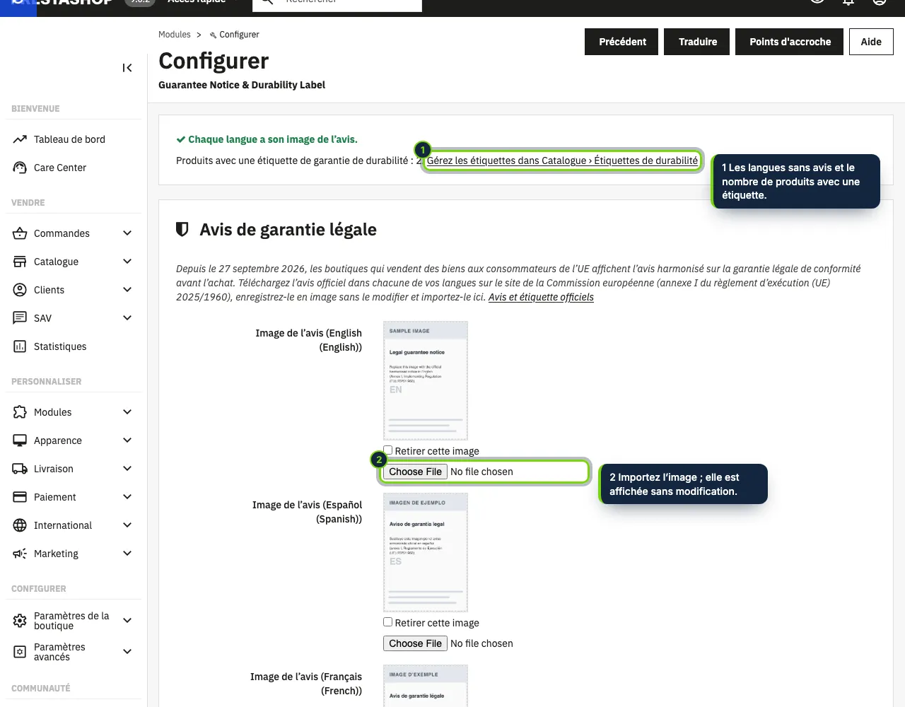 Les réglages du module : une image officielle de l’avis par langue, où l’afficher et sa largeur, avec l’état en haut.