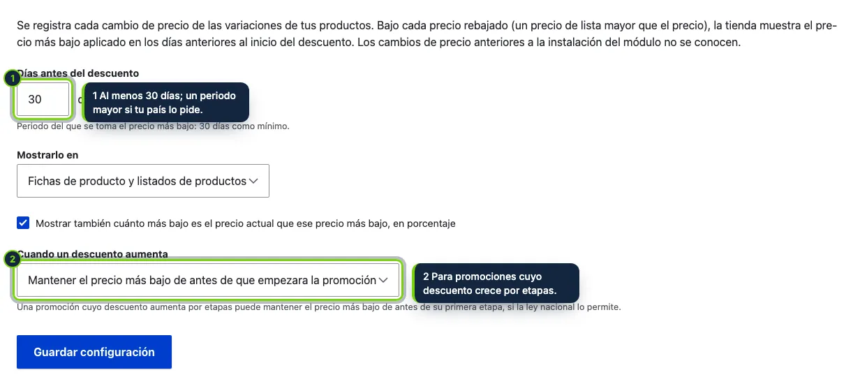 Commerce › Configuración › Precio más bajo: cuatro ajustes con valores por defecto sensatos.