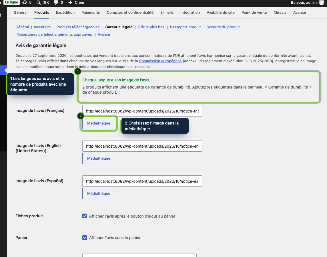 WooCommerce › Réglages › Produits › Garantie légale : une image de l’avis par langue, où l’afficher et sa largeur.