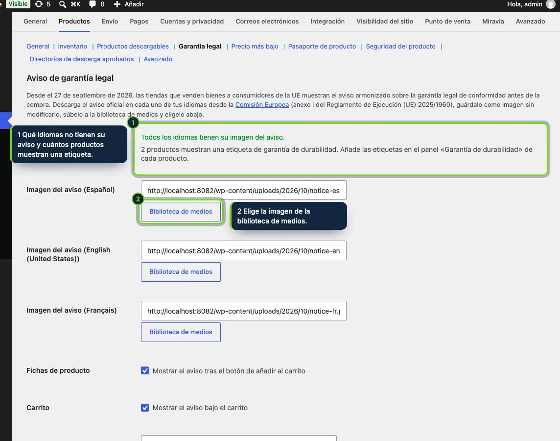 WooCommerce › Ajustes › Productos › Garantía legal: una imagen del aviso por idioma, dónde mostrarla y su ancho.