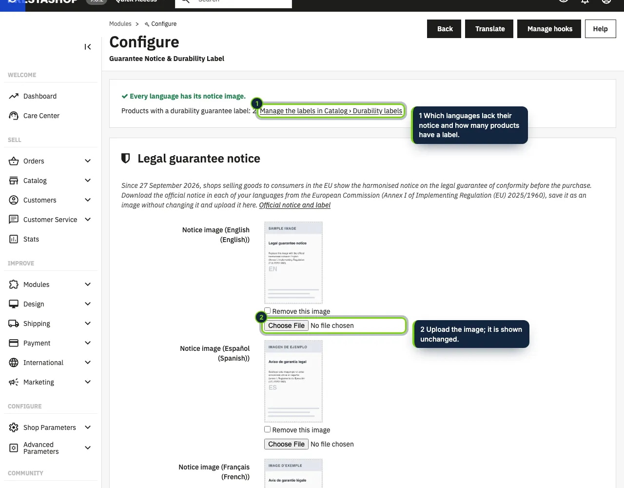 The module settings: one official notice image per language, where to show it and its width, with a status on top.