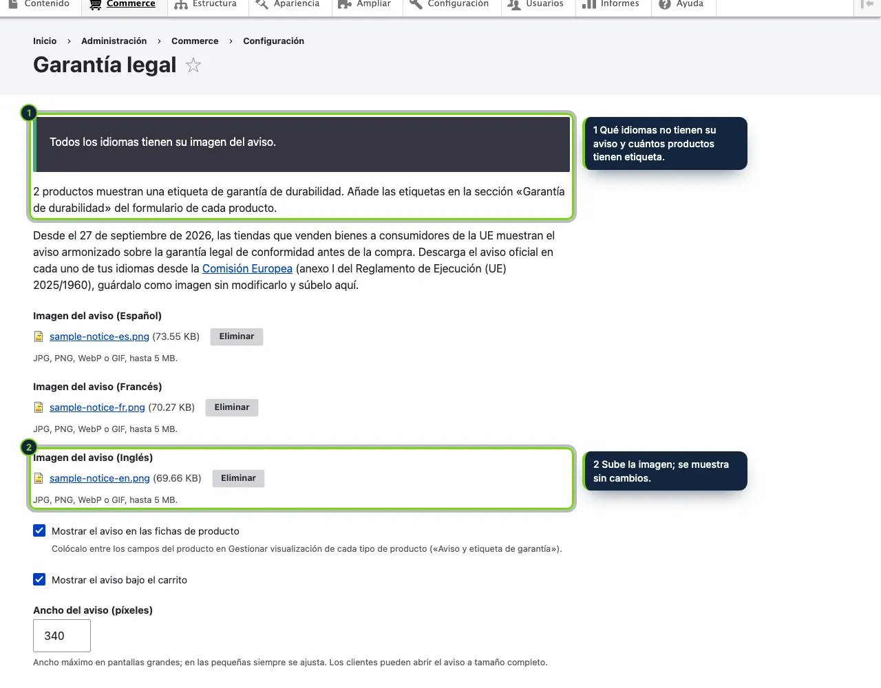 Commerce › Configuración › Garantía legal: una imagen oficial del aviso por idioma, dónde mostrarla y su ancho, con el estado arriba.