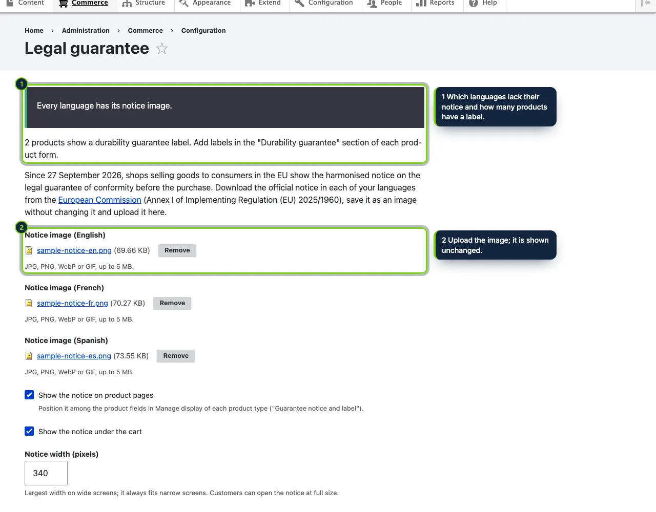 Commerce › Configuration › Legal guarantee: one official notice image per language, where to show it and its width, with a status on top.