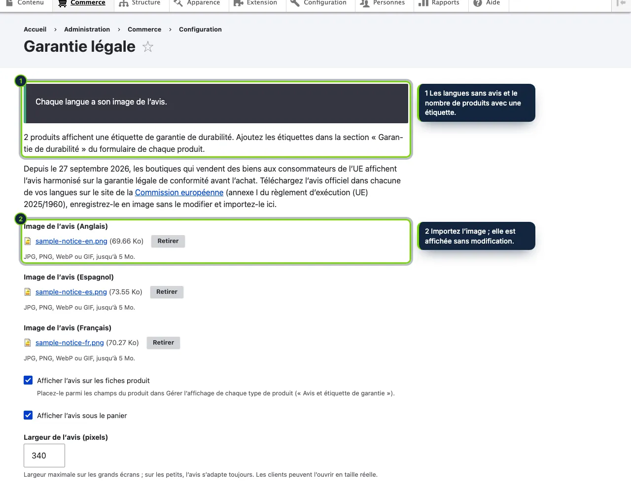 Commerce › Configuration › Garantie légale : une image officielle de l’avis par langue, où l’afficher et sa largeur, avec l’état en haut.