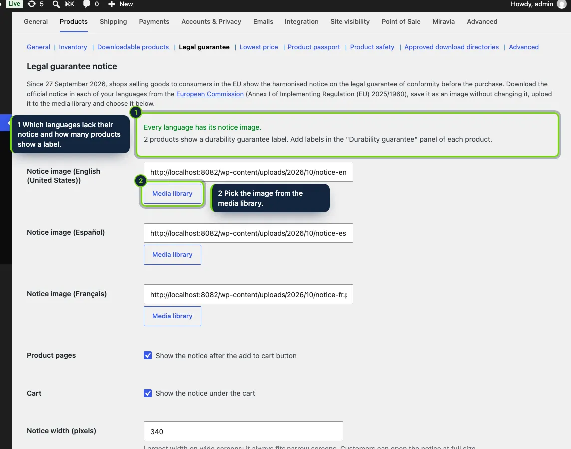 WooCommerce › Settings › Products › Legal guarantee: one notice image per language, where to show it and its width.
