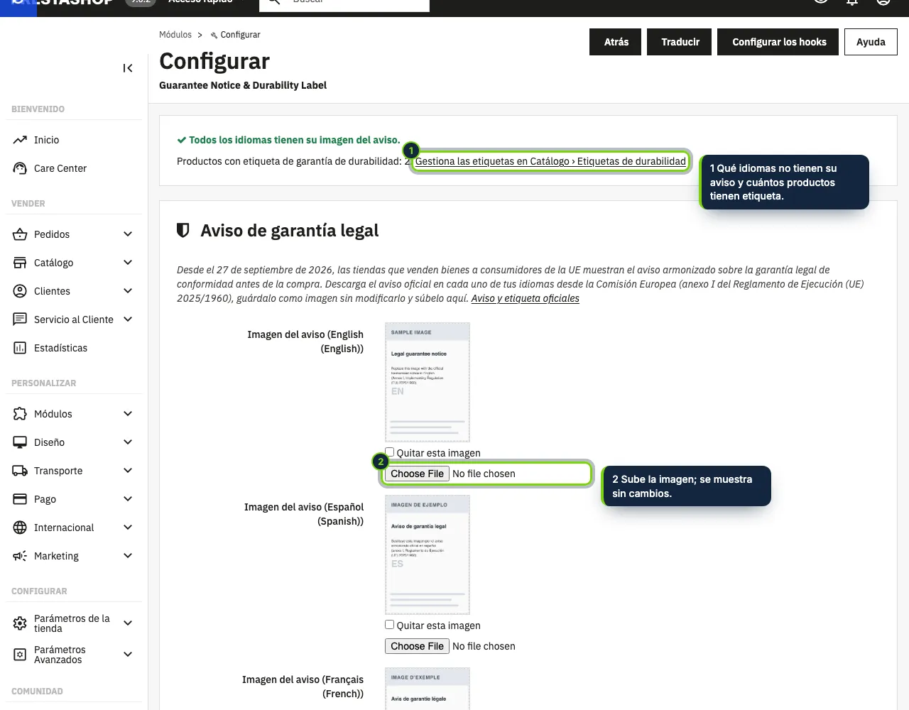 Los ajustes del módulo: una imagen oficial del aviso por idioma, dónde mostrarla y su ancho, con el estado arriba.