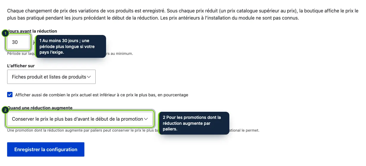 Commerce › Configuration › Prix le plus bas : quatre réglages, des valeurs par défaut sensées.