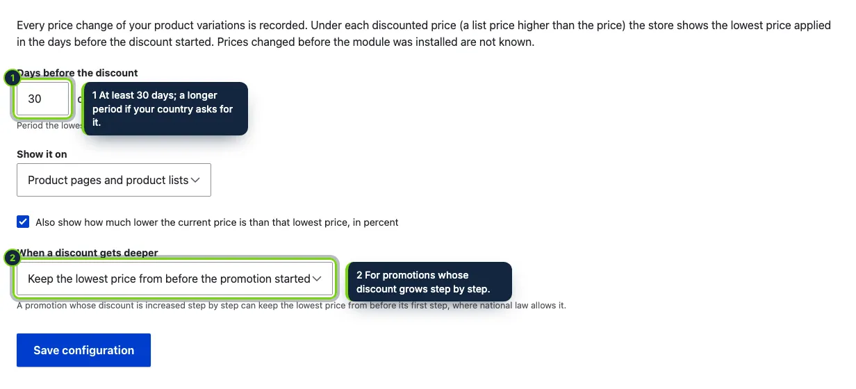 Commerce › Configuration › Lowest price: four settings, sensible defaults.
