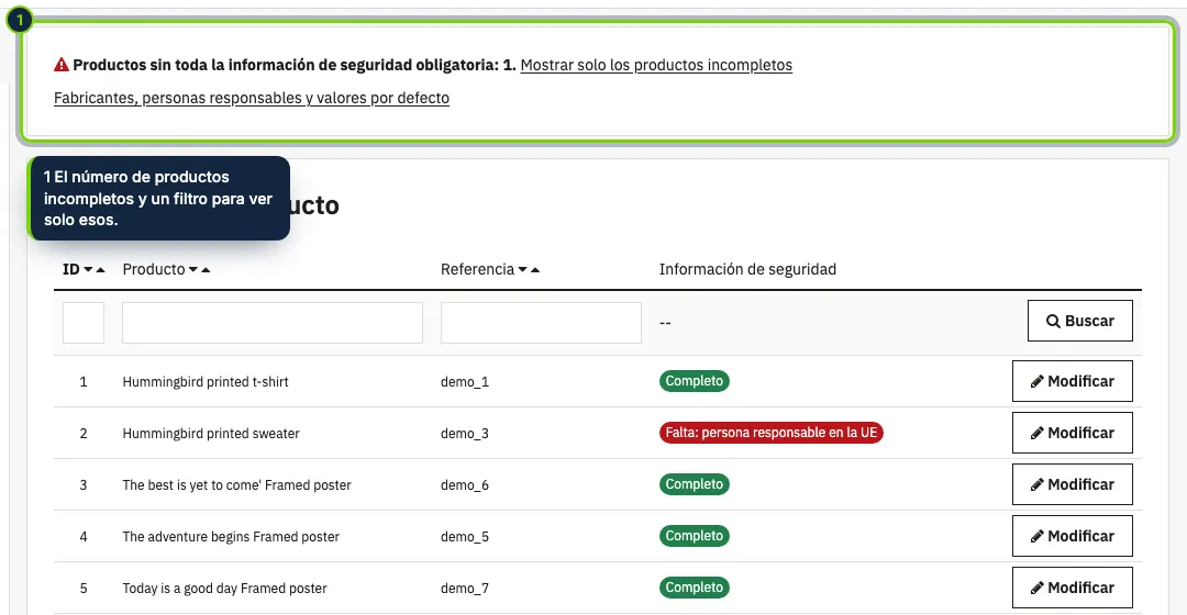 Catálogo › Seguridad del producto: el estado de cada producto y lo que le falta.