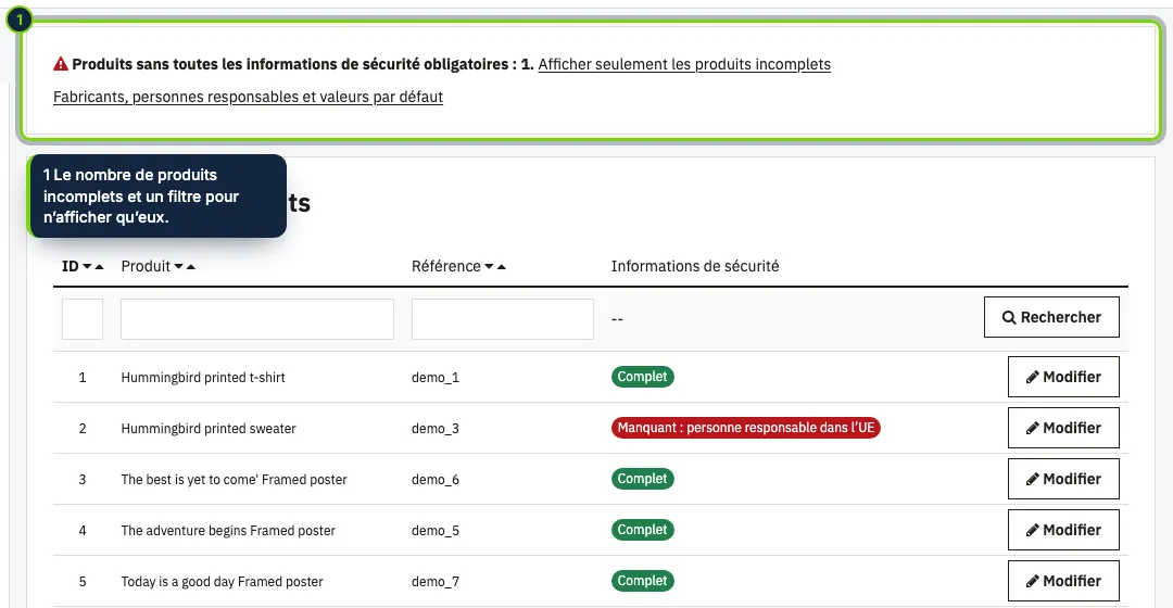 Catalogue › Sécurité des produits : l’état de chaque produit et ce qui lui manque.