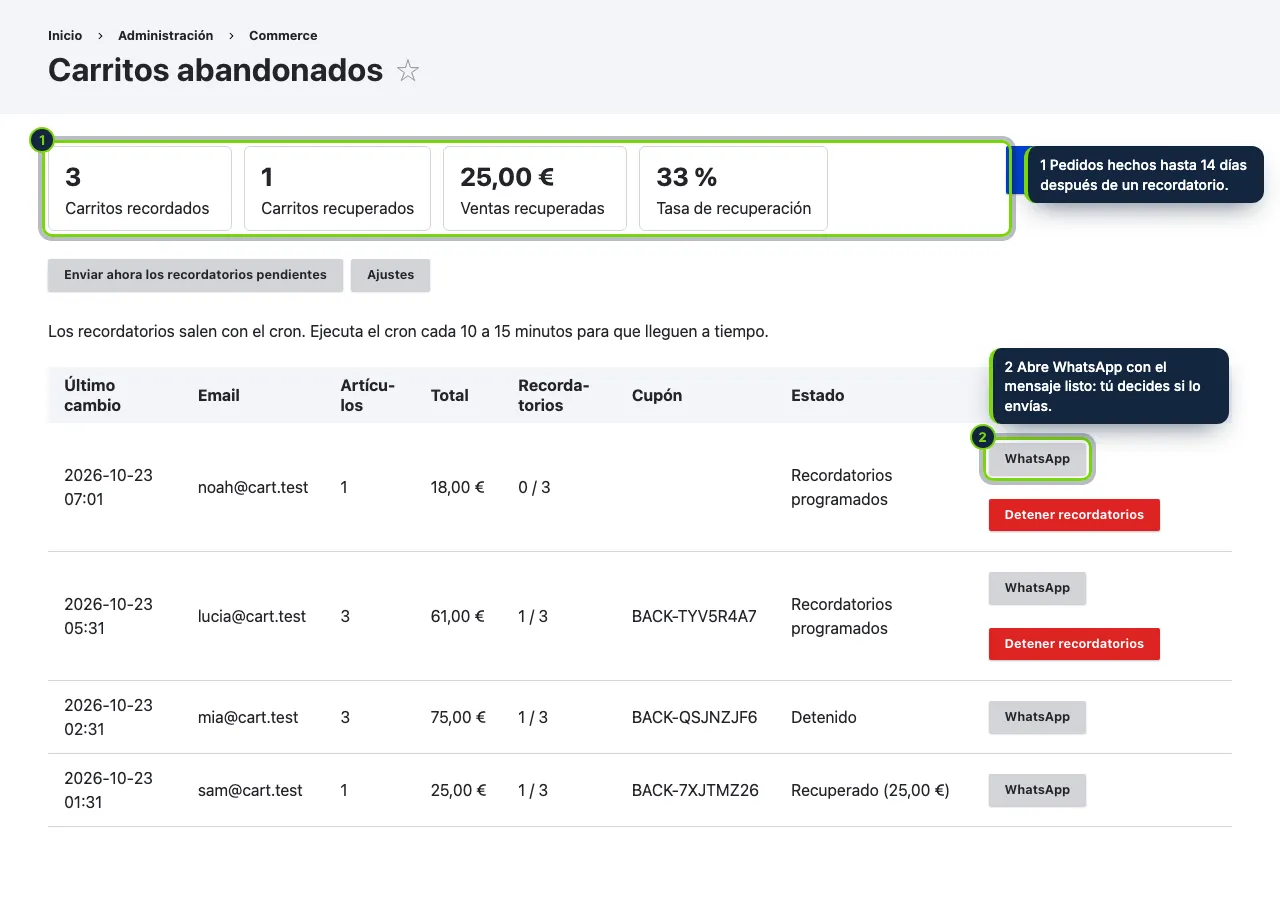 Commerce › Carritos abandonados: resultados, cada carrito y un enlace de WhatsApp para un mensaje personal.