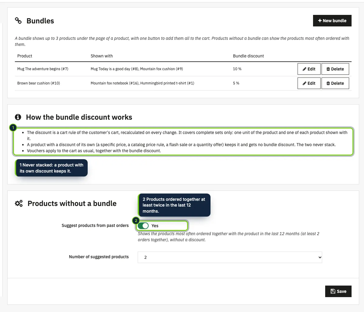 The module page: the bundles, how their discount works and the suggestions for products without a bundle.