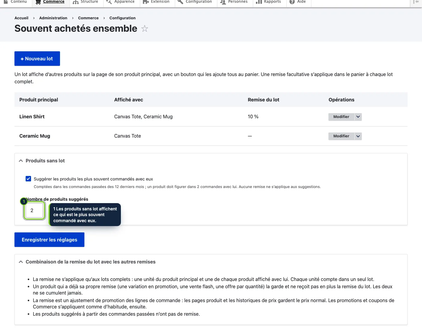 Commerce › Configuration › Produits › Souvent achetés ensemble : les lots, les suggestions issues des commandes et les règles de cumul.