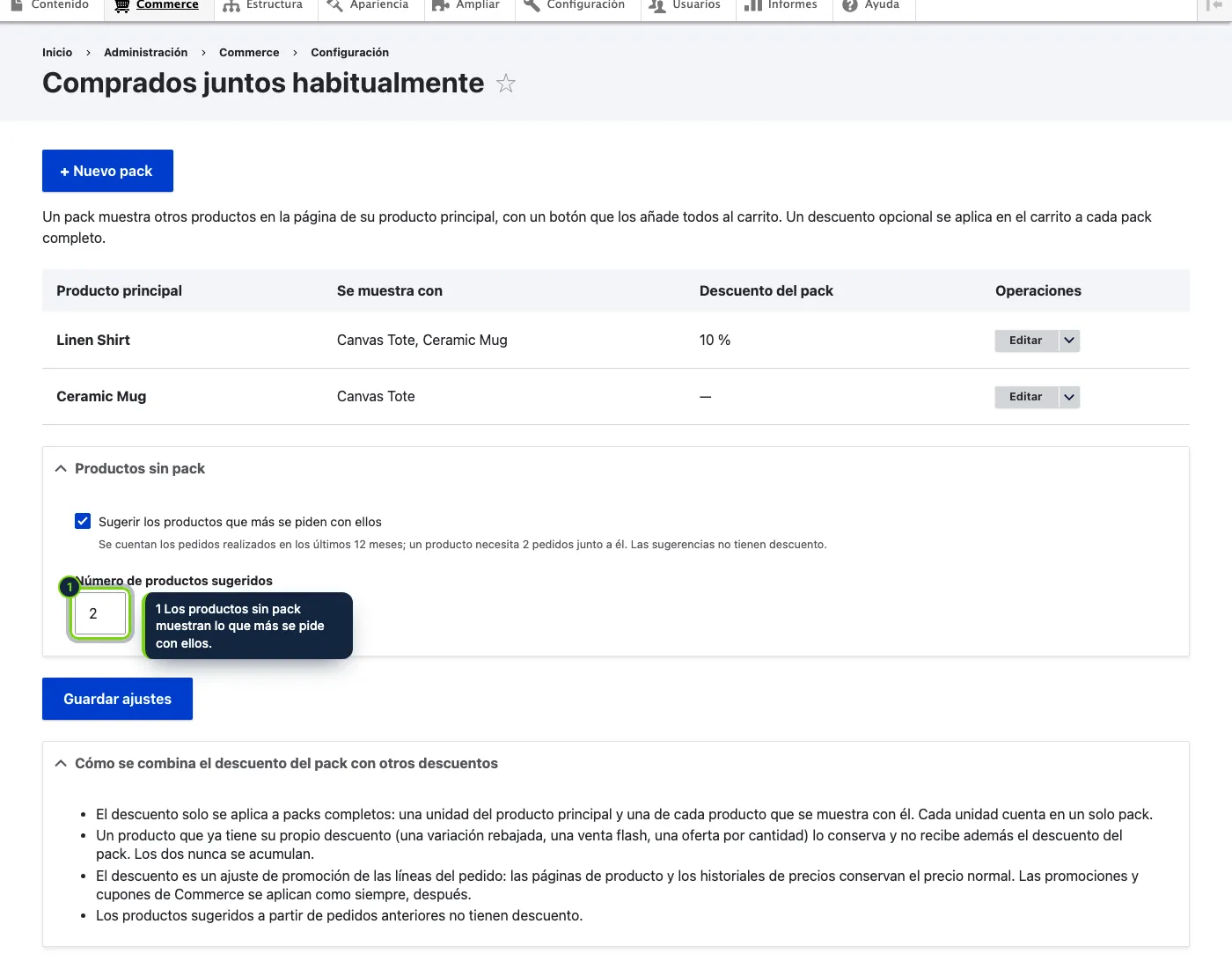Commerce › Configuración › Productos › Comprados juntos habitualmente: los packs, las sugerencias de pedidos anteriores y las reglas de acumulación.