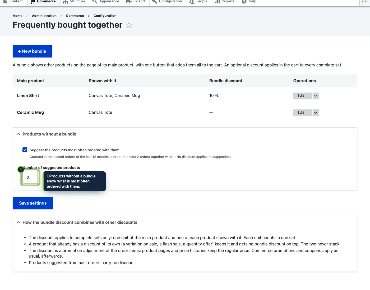 Commerce › Configuration › Products › Frequently bought together: the bundles, suggestions from past orders and the stacking rules.