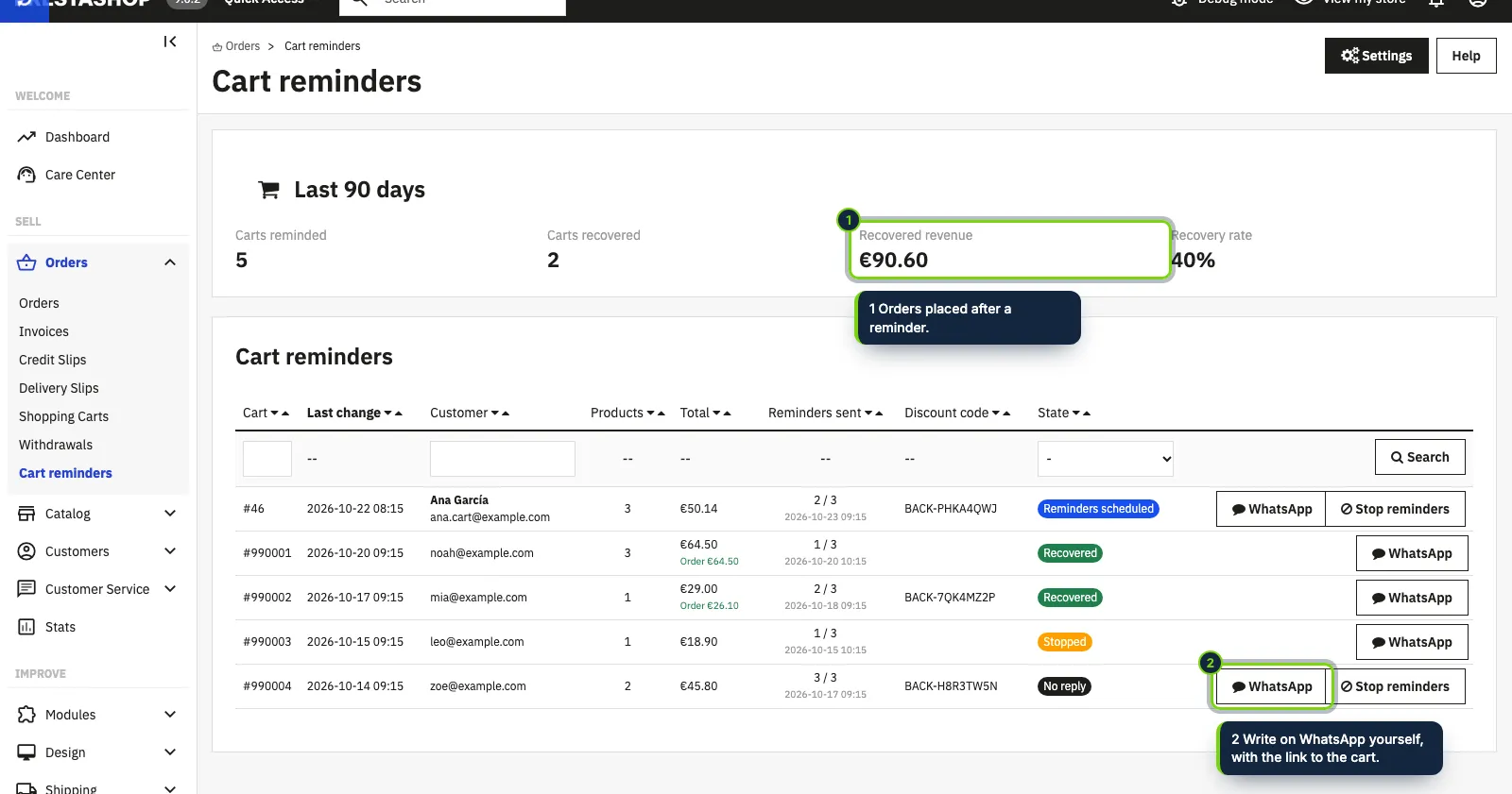Orders › Cart reminders: what the reminders bring back, and every cart with its reminders.
