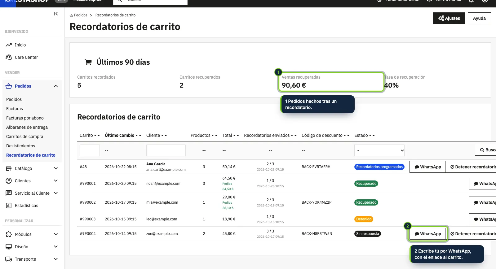 Pedidos › Recordatorios de carrito: lo que recuperan los recordatorios y cada carrito con sus envíos.