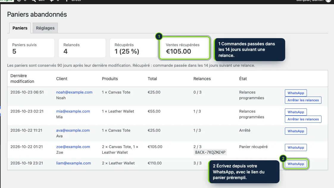 Marketing › Paniers abandonnés : ce que rapportent les relances, et chaque panier suivi.