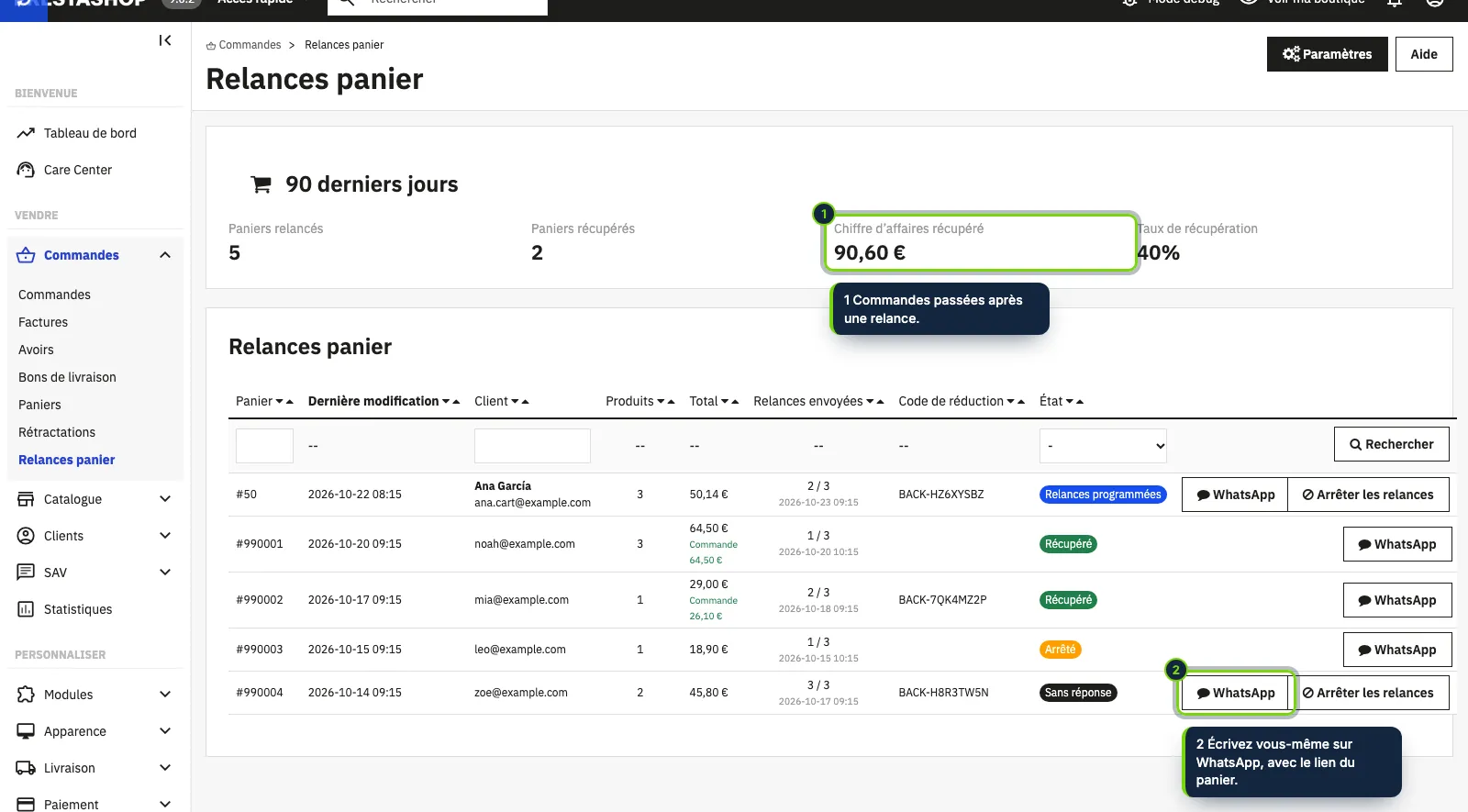 Commandes › Relances panier : ce que rapportent les relances, et chaque panier avec ses envois.