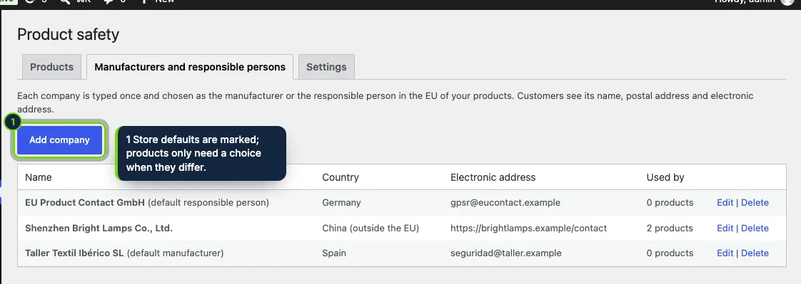 Products › Product safety: manufacturers and EU responsible persons, typed once.