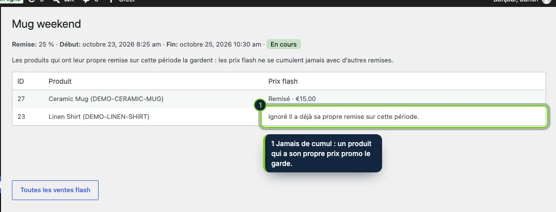 Chaque vente indique les produits au prix flash et pourquoi les autres non.