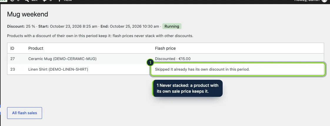 Each sale lists which products got the flash price and why the others did not.