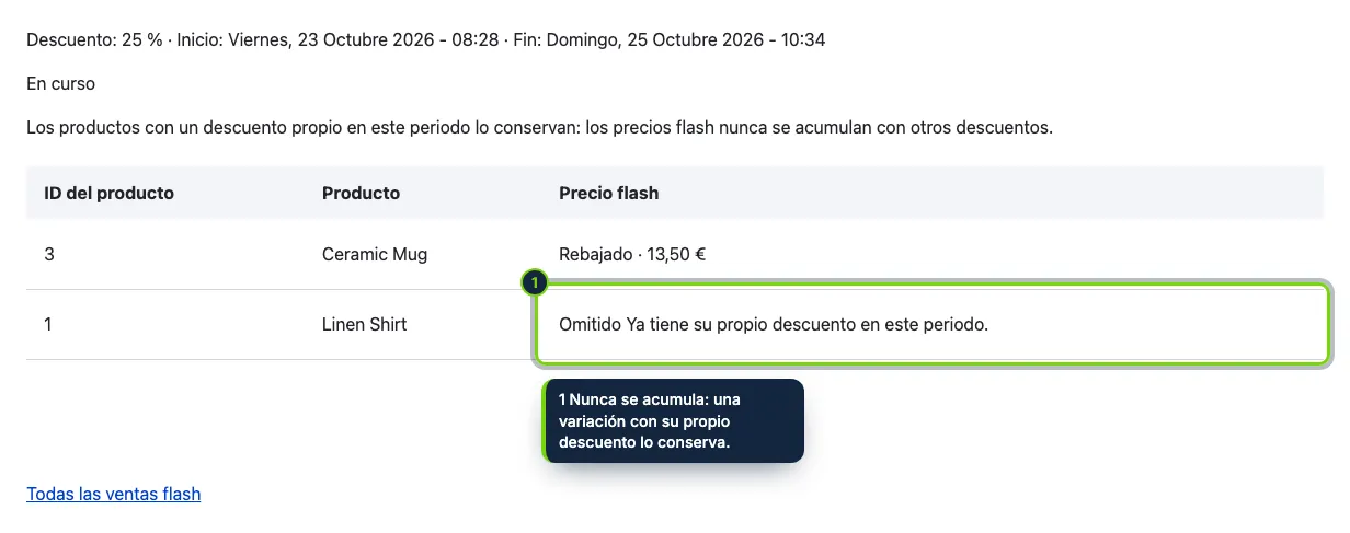 Cada venta indica qué variaciones tienen el precio flash y por qué las demás no.