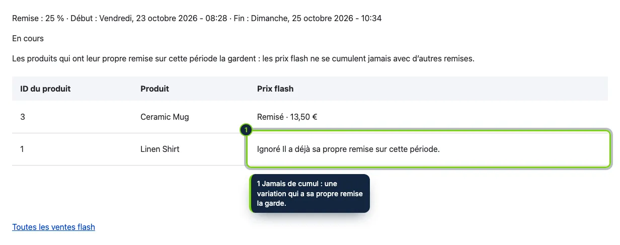 Chaque vente indique les variations au prix flash et pourquoi les autres non.