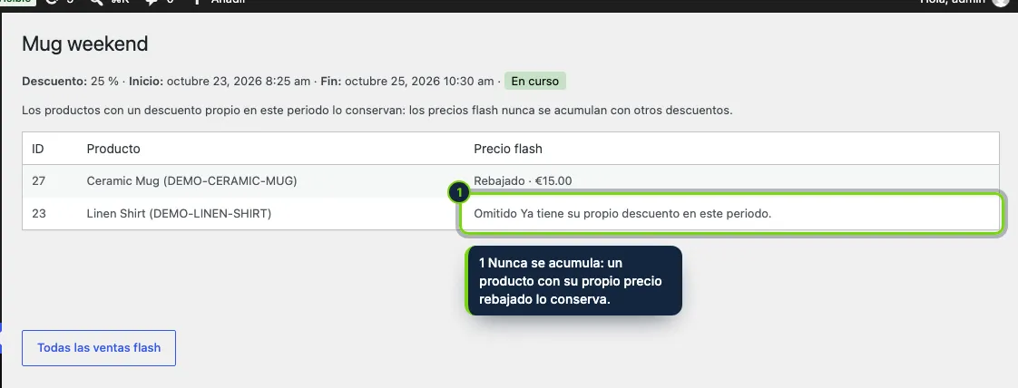 Cada venta indica qué productos tienen el precio flash y por qué los demás no.