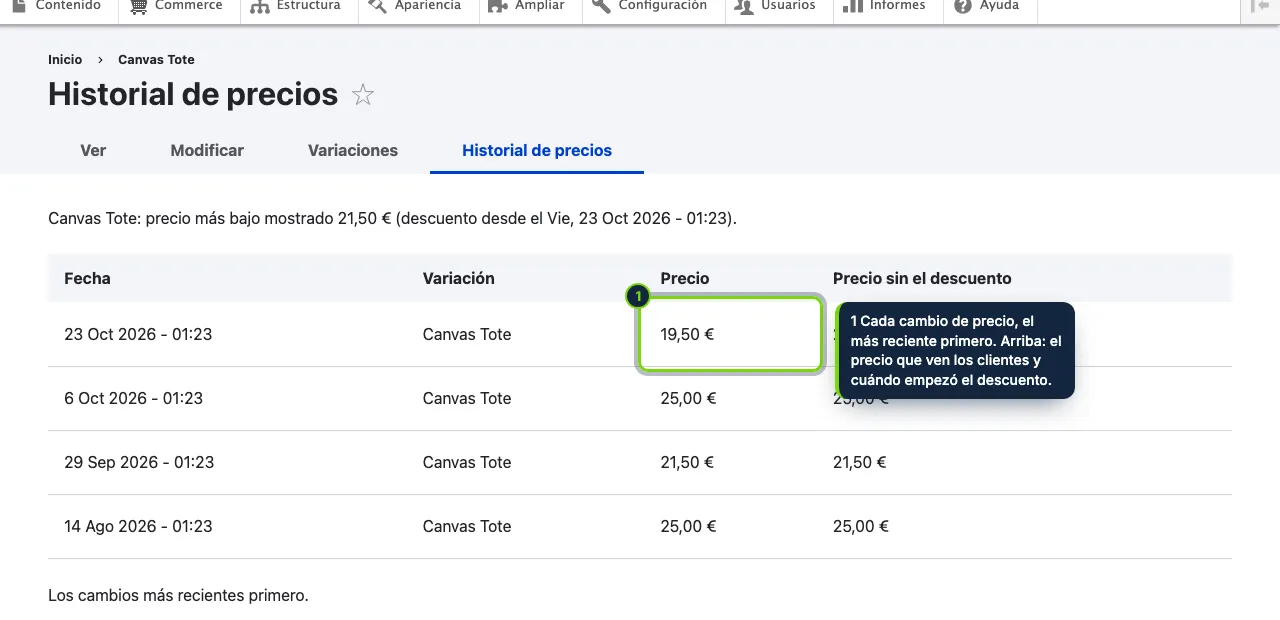 La pestaña «Historial de precios» de cada producto.