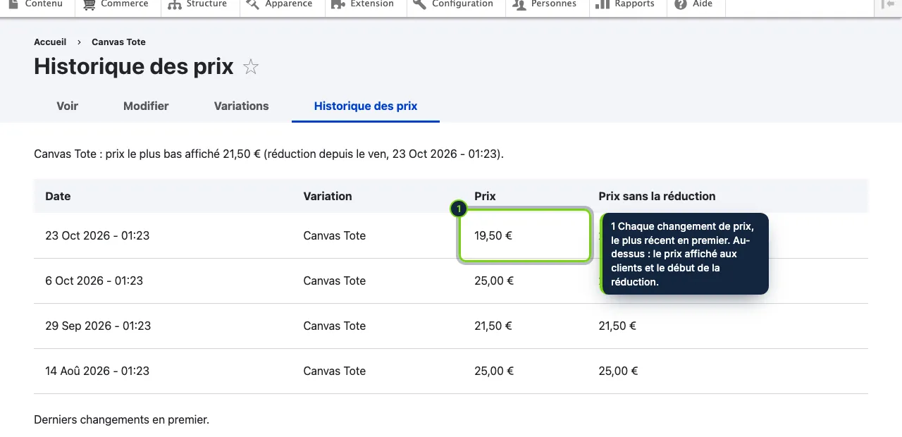 L’onglet « Historique des prix » de chaque produit.