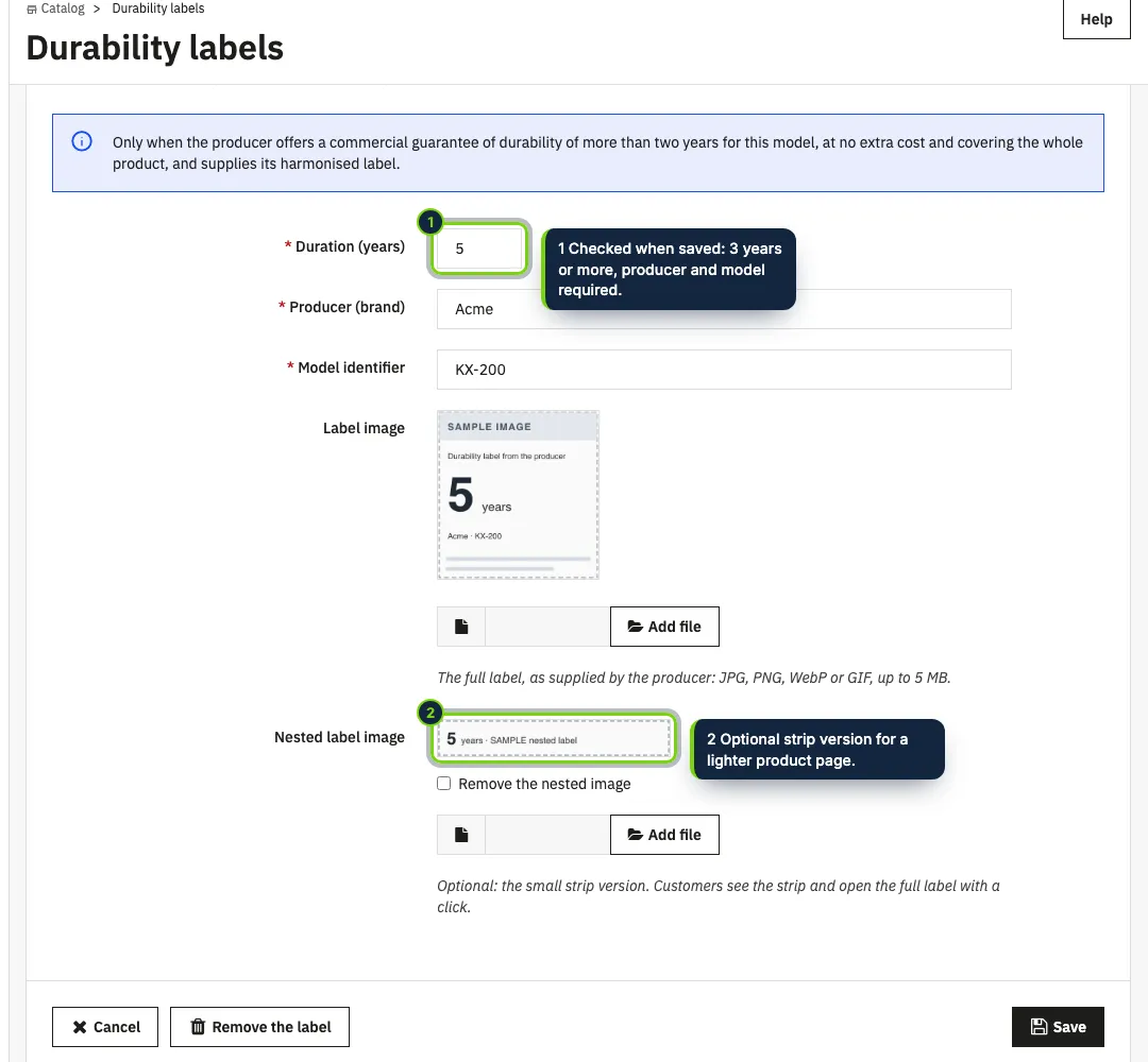 Catalog › Durability labels: the label of a product with a producer guarantee of durability of more than two years.