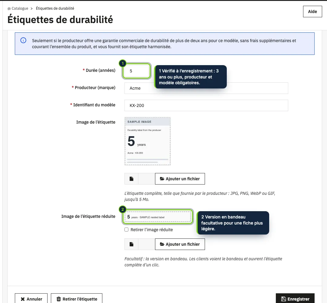 Catalogue › Étiquettes de durabilité : l’étiquette d’un produit avec une garantie de durabilité du producteur de plus de deux ans.
