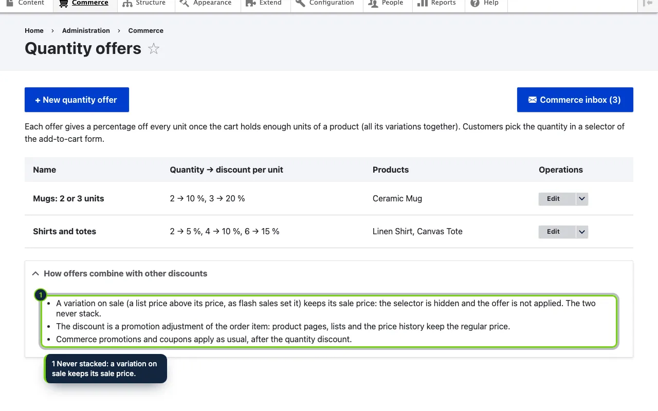 Commerce › Quantity offers: every offer with its quantities and products, and how offers combine with other discounts.