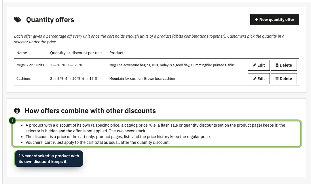 The module page: every offer with its quantities and products, and how offers combine with other discounts.