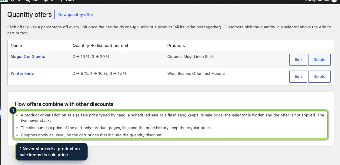 Marketing › Quantity offers: every offer with its quantities and products, and how offers combine with other discounts.