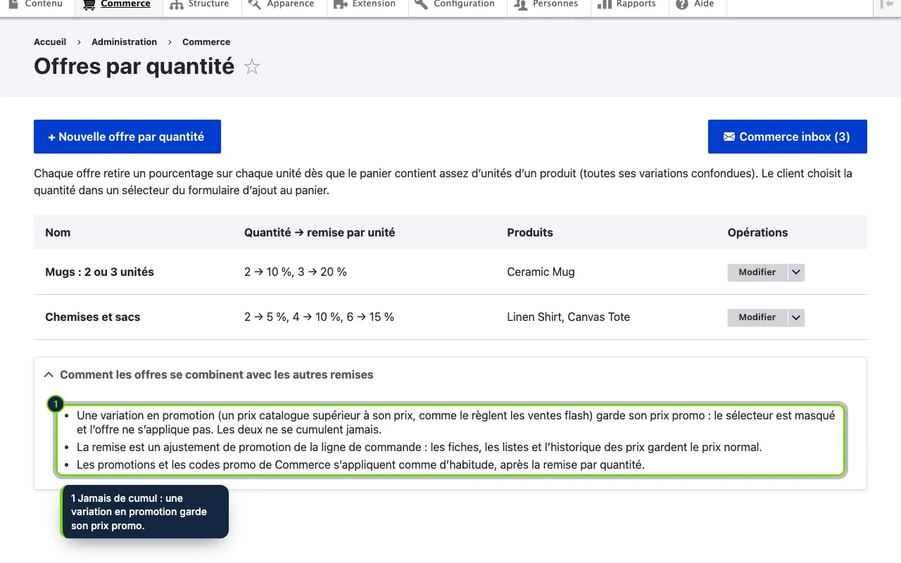 Commerce › Offres par quantité : chaque offre avec ses quantités et ses produits, et sa combinaison avec les autres remises.