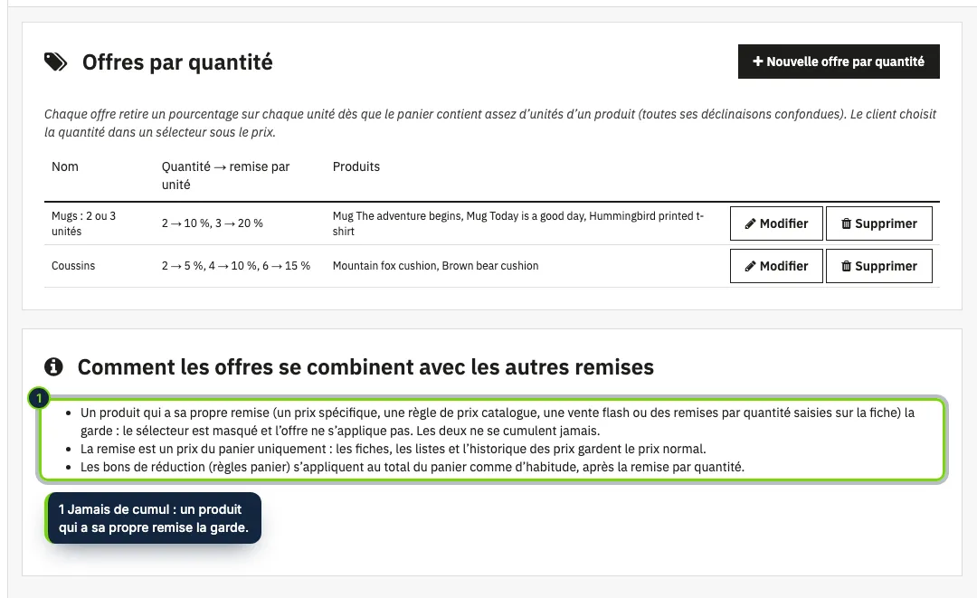La page du module : chaque offre avec ses quantités et ses produits, et sa combinaison avec les autres remises.