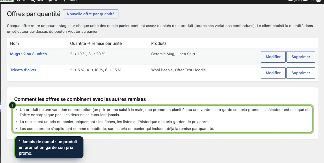 Marketing › Offres par quantité : chaque offre avec ses quantités et ses produits, et sa combinaison avec les autres remises.