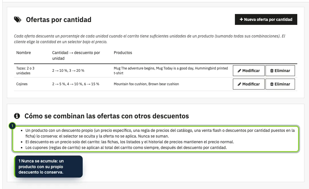 La página del módulo: cada oferta con sus cantidades y productos, y cómo se combinan con otros descuentos.