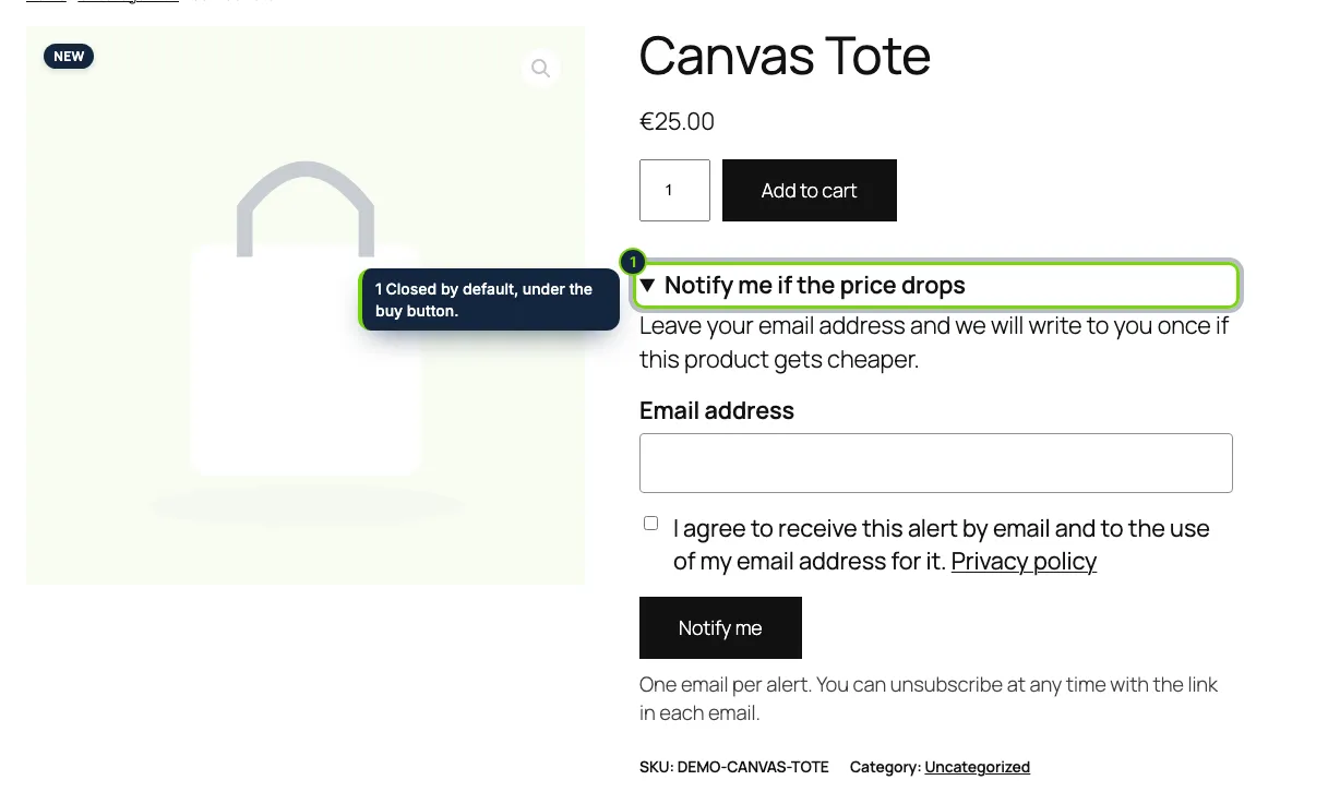 On products in stock, customers can ask to hear about a price drop.