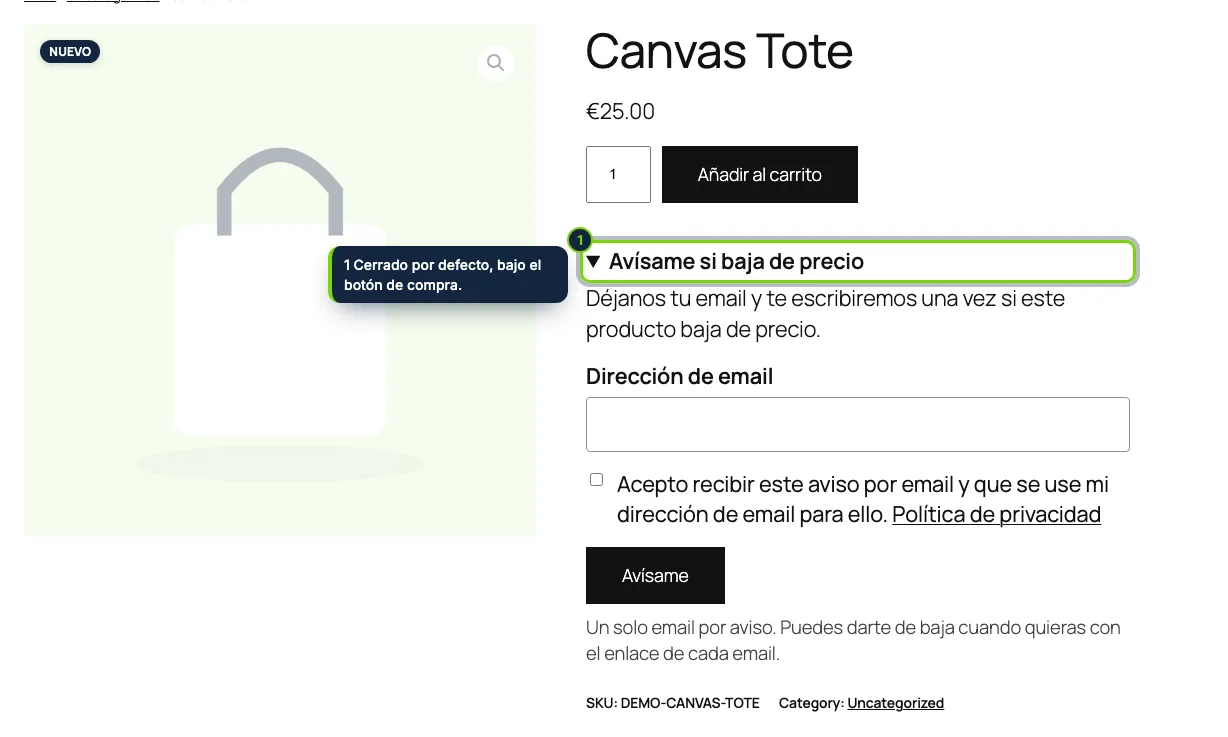 En los productos con stock, el cliente puede pedir que le avisen si baja el precio.