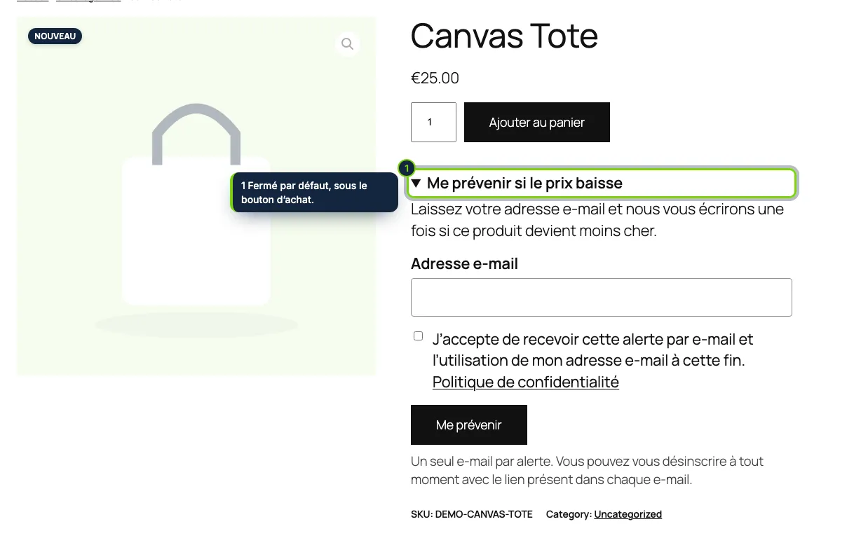 Sur les produits en stock, le client peut demander à être prévenu d’une baisse de prix.