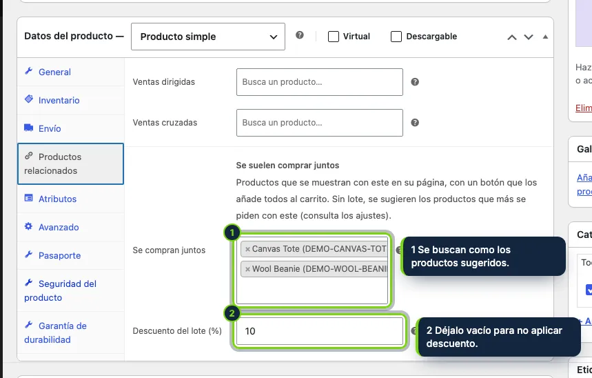 Datos del producto › Productos relacionados: hasta tres productos para mostrar con este y el descuento del lote.
